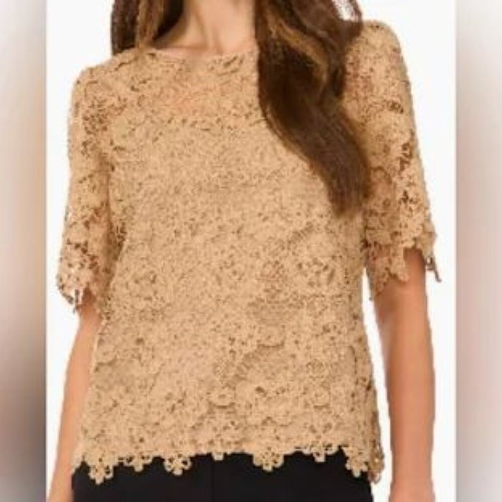 Halogen  Floral Lace Elbow Sleeve Top in Camel Size S NWT - Picture 2 of 9